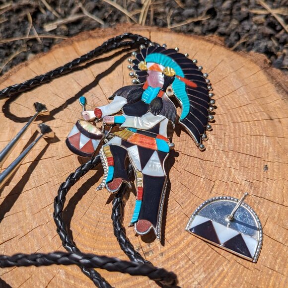 Bolo Tie Zuni Native American Sterling Silver Inlay Rare Chief‎ Ceremonial *** - Picture 3 of 12